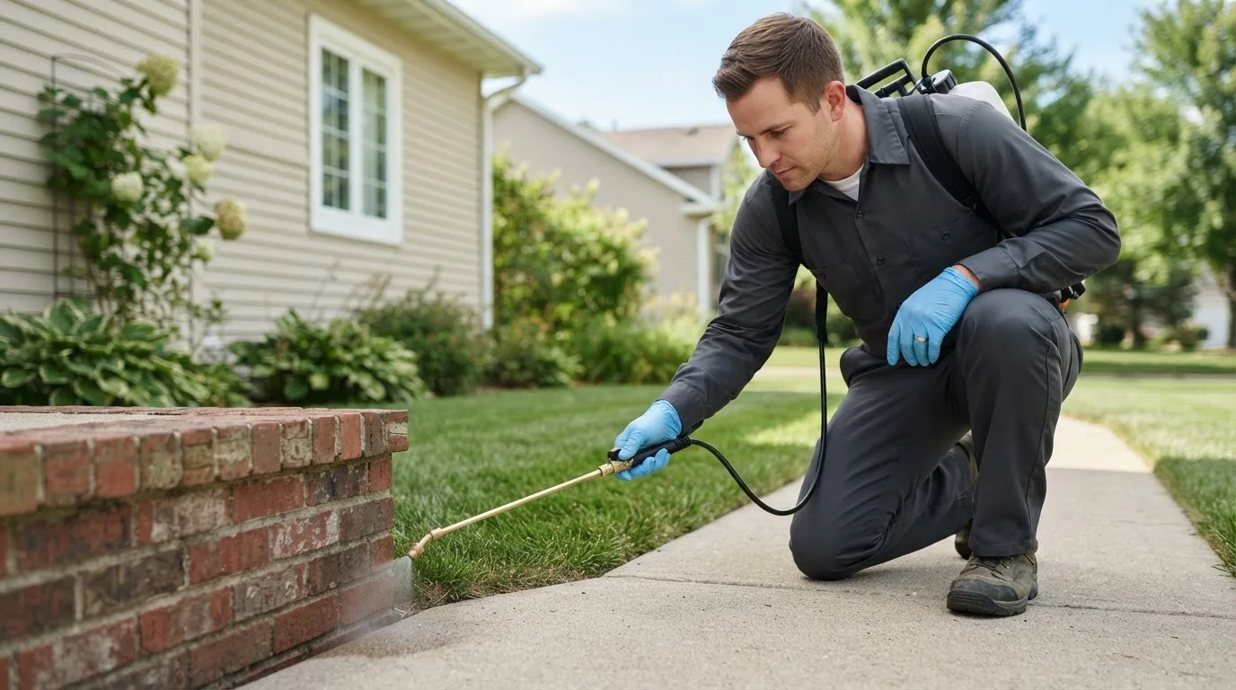 Pest control technician treating a home near Dunlevy, PA